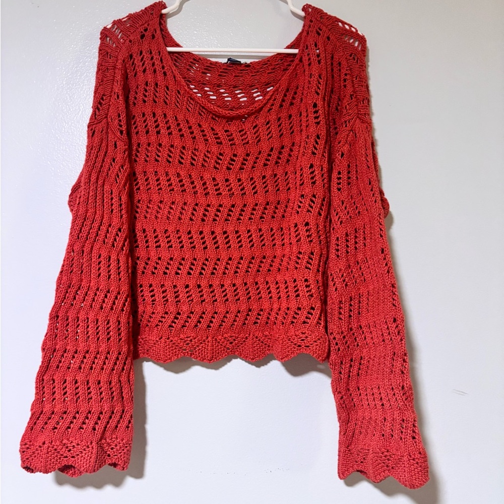 Women's Red Open-Knit Sweater - Lightweight Crochet Pullover